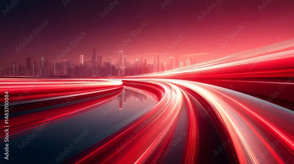 Aufkleber 赤い光跡が都市の夜空を彩る高速道路の長時間露光写真 都市景観と交通の躍動感を捉えたダイナミックなイメージ