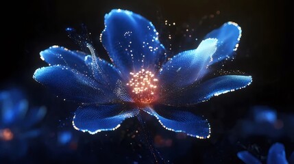 鮮やかな青色の発光デジタルフラワーの抽象的なイメージ背景が暗い中で粒子が輝く