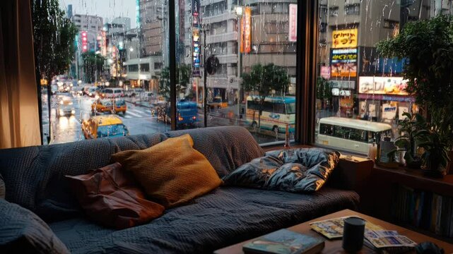 A lofi view of cabin room with relaxing sofa against city road traffic view from window in Rain - Loop Video background Cover