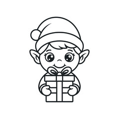 Adorable Cartoon Elf Holding a Gift Box Outline Illustration for Christmas