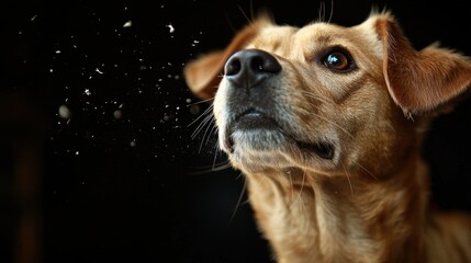 Dog Mid Sneeze Close Up Capture Moment of Domestic Canine Exhalation with Particle Spray on Dark Backdrop