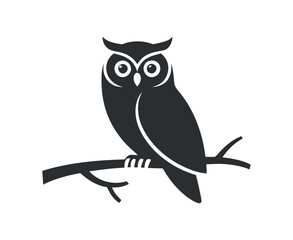 Stylized Black Owl Silhouette Perched on a Branch Isolated on White Background