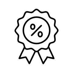 Outline icon of discount award badge with percentage symbol and ribbons, representing sales incentive, promotional deal, customer reward and special marketing offer