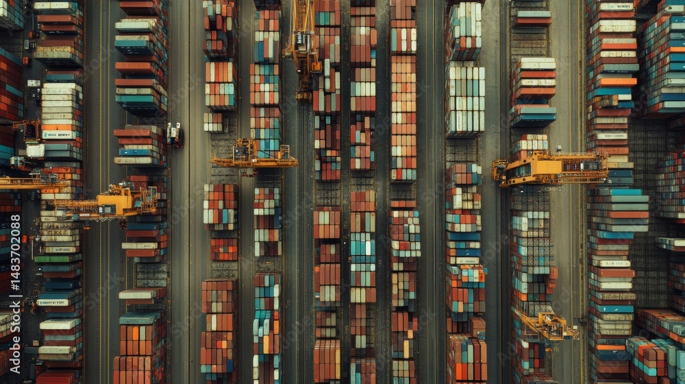 Poster efficient loading operations of stacked shipping containers at a port aerial view industrial environ