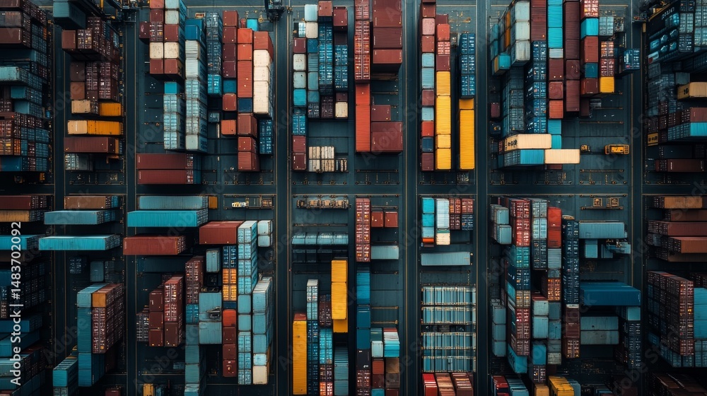 Poster efficient loading and unloading of stacked shipping containers port facility shipping industry urban