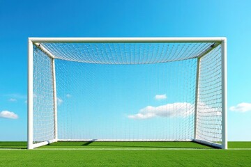 Fototapeta premium Empty soccer goal net against a bright blue sky , stadium, empty