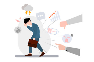 Young businessman in stress thinking about over problems, mental health concept illustration in flat style