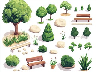 Isometric view of various coniferous and deciduous trees collection for park landscape architecture urban planning and outdoor environment design