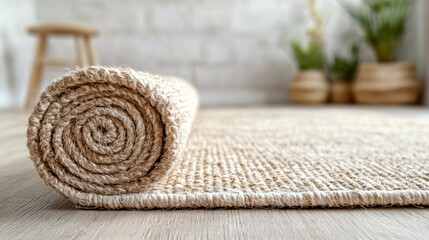 Jute Rug Roll Unfurling on a Wooden Floor Close Up for a Modern Natural Home Decoration Concept