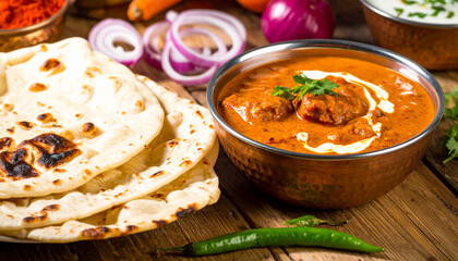 Indian famous Butter Chicken served with Fresh cream garnished with Cilantro and Cream Swirls, Served Hot in a Traditional Metal Dish with butter Naan and Rice in the Background.
