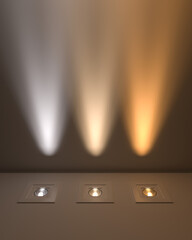 Triple Recessed LED Spots with Color Temperature Contrast in 3D render

