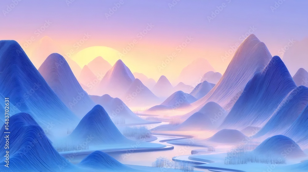 Aufkleber 穏やかなピクセルアートの山の風景 夕焼けの空と雪に覆われた山々と流れる川が織りなす静寂の情景