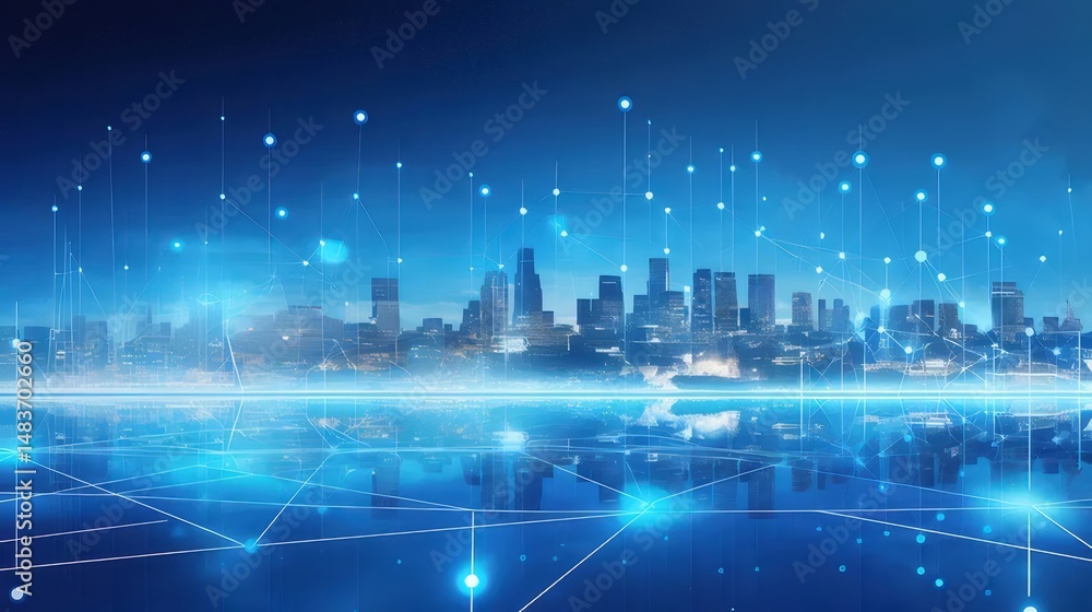 Aufkleber ブルーの夜の都市景観デジタルネットワークと接続性を示しています