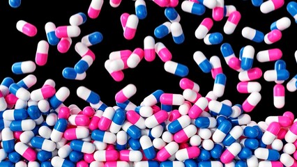 A vibrant collection of pink, blue, and white capsules are artistically scattered against a striking black backdrop, ideal for representing themes in health, wellness, and pharmaceuticals