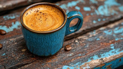 Morning Brew in a Blue Mug on Rustic Wooden Surface Revealing a Rich Coffee Aroma and Flavor