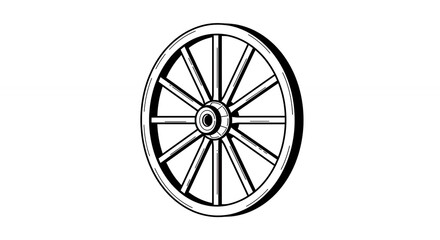 Detailed monochrome illustration of a wooden wagon wheel isolated on white background