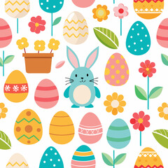 Easter pattern with eggs, flowers, bunny