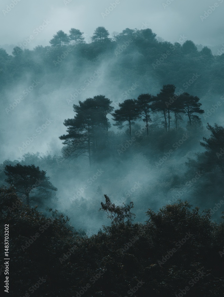 Aufkleber serene misty forest landscape with tall trees and fog creating a mysterious atmosphere in a natural 