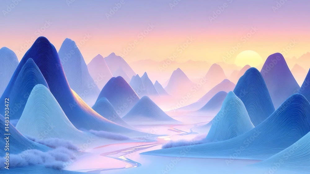 Poster 穏やかなパステル色の空と水面に映る雪山風景 静寂に包まれた冬の山並み デジタルアートの背景素材