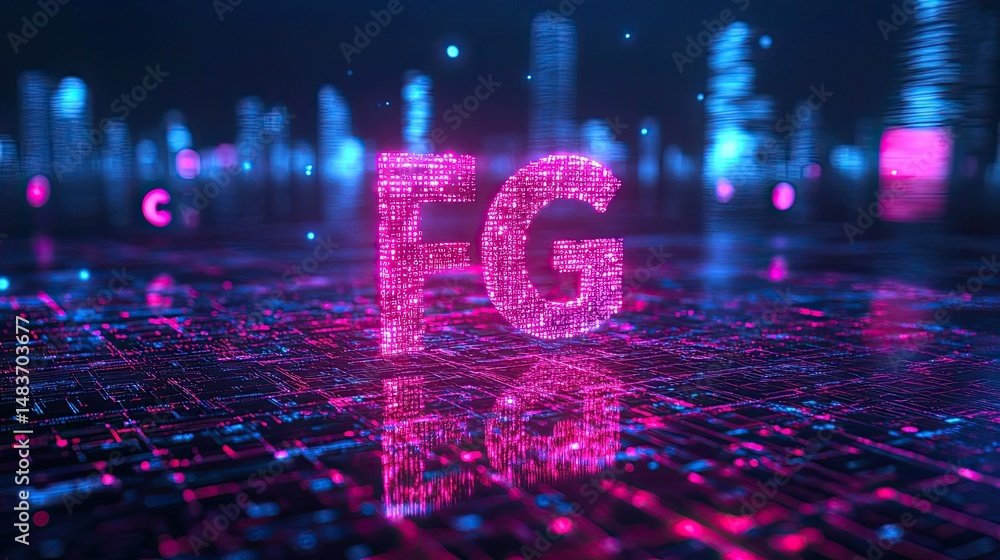 Poster illuminated fg text with digital pattern over circuit board and city skyline in a futuristic theme