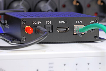 High-quality Network Ethernet content player in a multimedia telecom rack. 