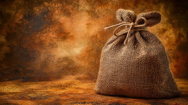 Rustic Brown Burlap Sack Against a Textured Backdrop with Soft Lighting and a Knotted Closure