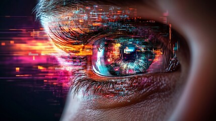 close-up of a human eye with a digital overlay of colorful, glowing lines and shapes, representing data, technology. scene is futuristic, intense, themes of cybernetics, artificial intelligence.