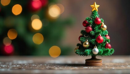 Miniature Christmas tree adorned with colorful baubles, festive and charming holiday decoration ,  blue,  shiny,  tree