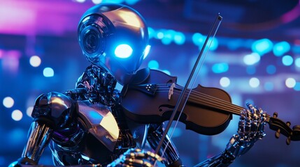 Robot performing violin solo in high-tech venue futuristic display musical event creative atmosphere close-up view for seo impact