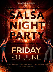 Vector Salsa Party Flyer with Sparkling Lights, Dancing Girls and Bold Typography on Black and Orange Background