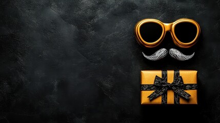 Stylish Father's Day Banner Featuring Gold Accents and a Gift Box with Hipster Vibes on a Sleek Black Backdrop