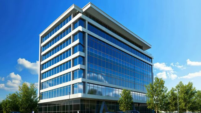 modern corporate building exterior with glass facade on sunny day with blue sky and clouds