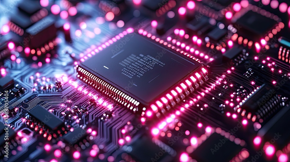 Poster a close up shot of a dark microchip with glowing pink lights on a circuit board in a dark setting