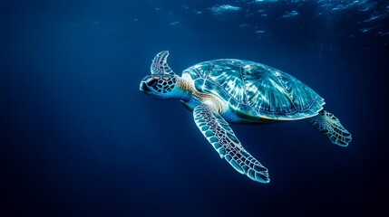 Graceful sea turtle swimming through the deep blue ocean underwater scene marine life tranquil environment side view nature concept for seo impact