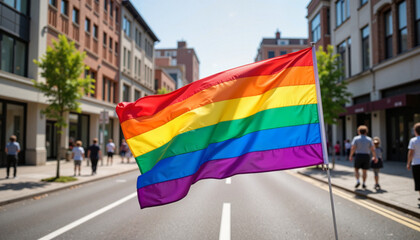 Vibrant rainbow flag waving in city street, celebration of diversity