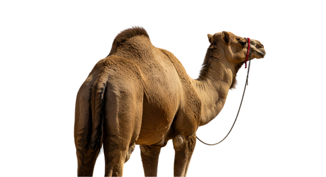 A camel with a red rope around its head standing in the desert with a black background behind it