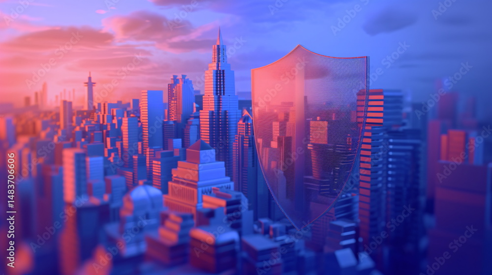 Aufkleber digital shield protects futuristic city skyline. global network security concept. protection for int