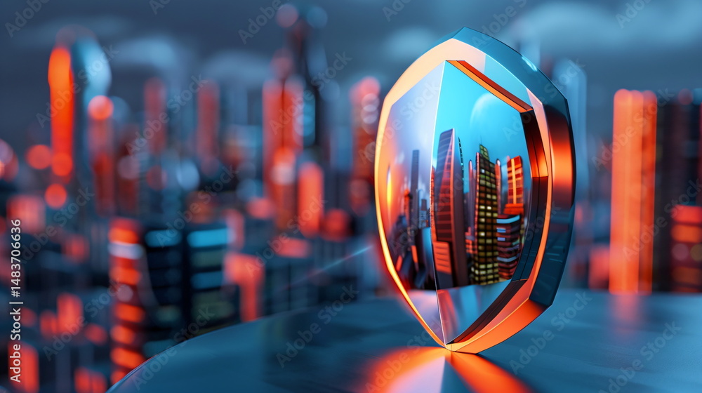 Poster abstract metallic security shield stands on a dark surface protecting a futuristic digital city in b