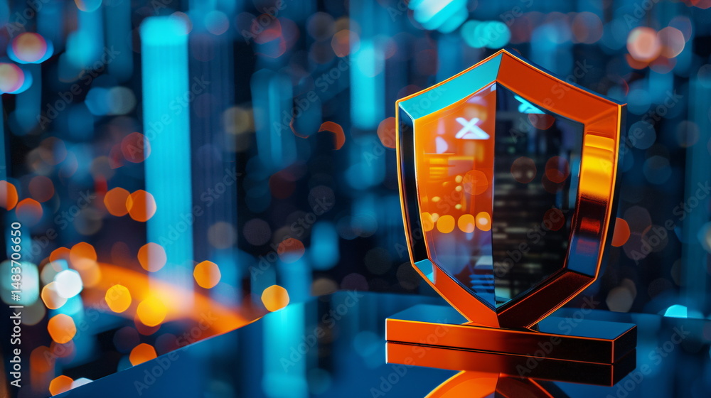 Poster digital shield security icon sits on a reflective surface with abstract city bokeh lights in backgro