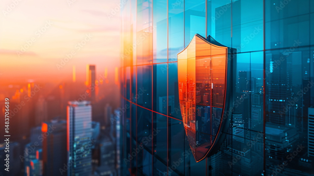 Poster digital shield emblem projected on a modern business building facade representing cybersecurity and 