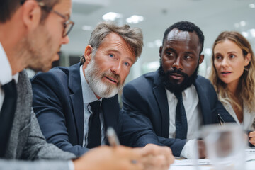 Multiracial business team working outdoors in urban setting, diverse professionals collaborating in city environment

