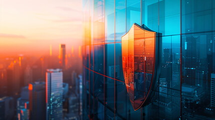 Digital shield emblem projected on a modern business building facade representing cybersecurity and data protection concept for corporate defense strategies in an urban environment.