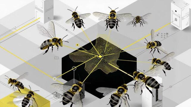 An illustrated diagram of a smart beehives internal components highlighting the neural monitoring system including miniaturized electrodes and data transmission devices linking bees