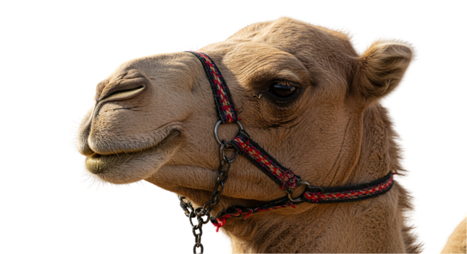 Close up of a camel with a halter on its head looking to the left of the frame in the desert