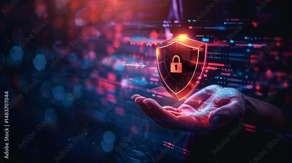Poster hand displays glowing digital shield icon. representing data protection network security. cybersecur