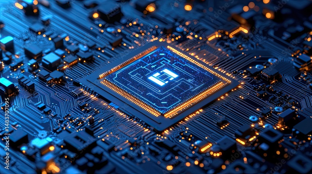 Poster a close up shot of a computer chip with blue and orange lights highlighting the intricate circuitry