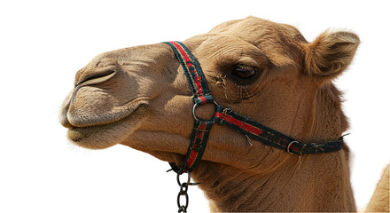 Close up of a camel's head with a harness on a black background in a desert environment outdoors