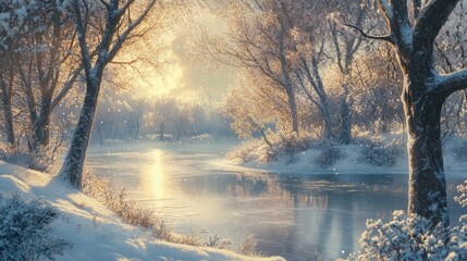 Captivating winter serenity snow-covered trees by a tranquil river nature landscape frosty environment panoramic view