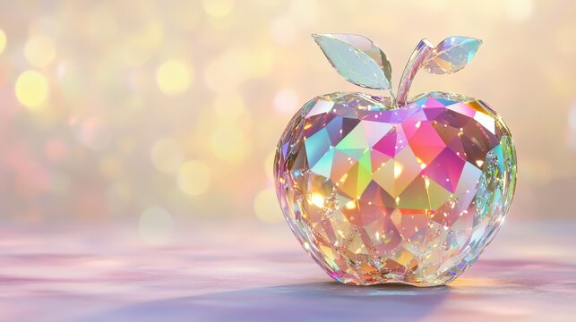 Vibrant multicolor crystal apple with reflective surface on soft pastel background