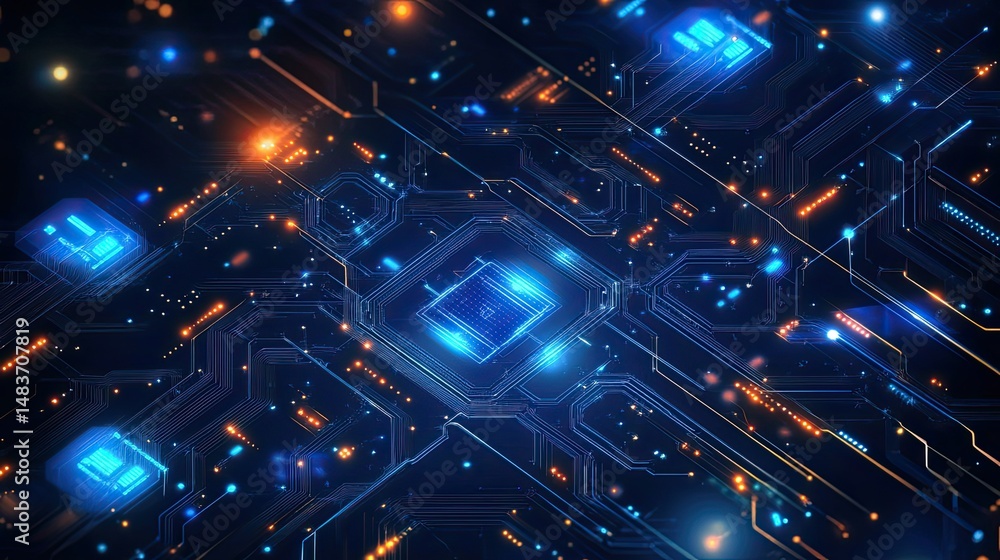 Poster a detailed view of a complex blue and orange circuit board with glowing elements and intricate lines